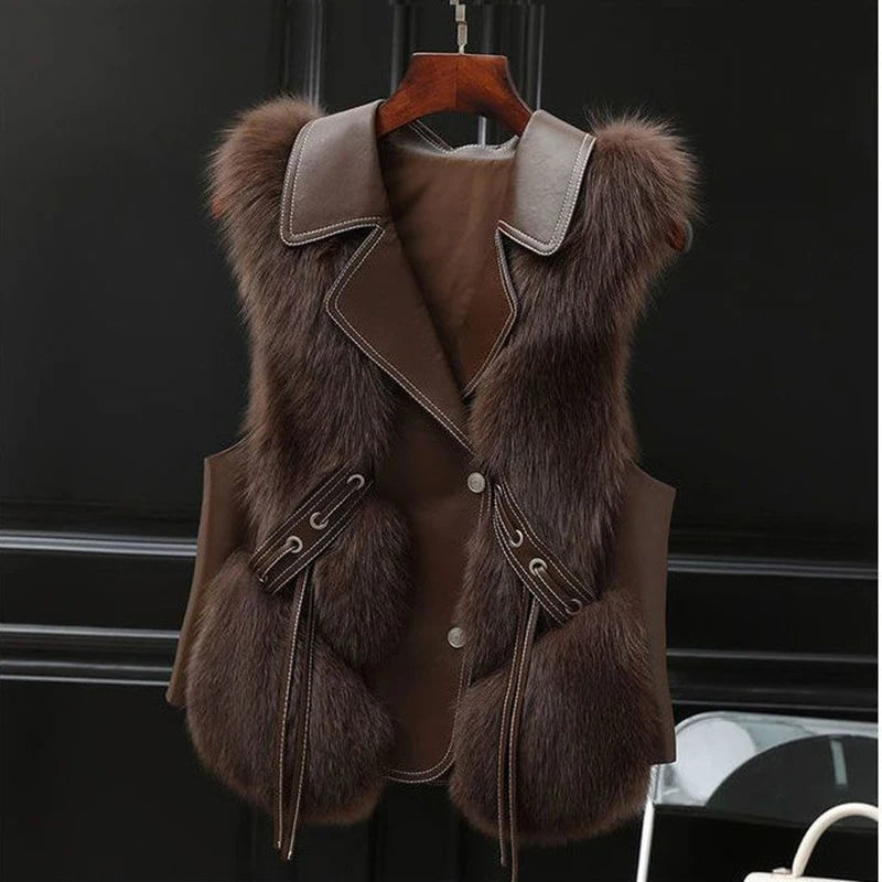 Women's black faux leather sleeveless gilet with plush fur trim collar and adjustable tie-side