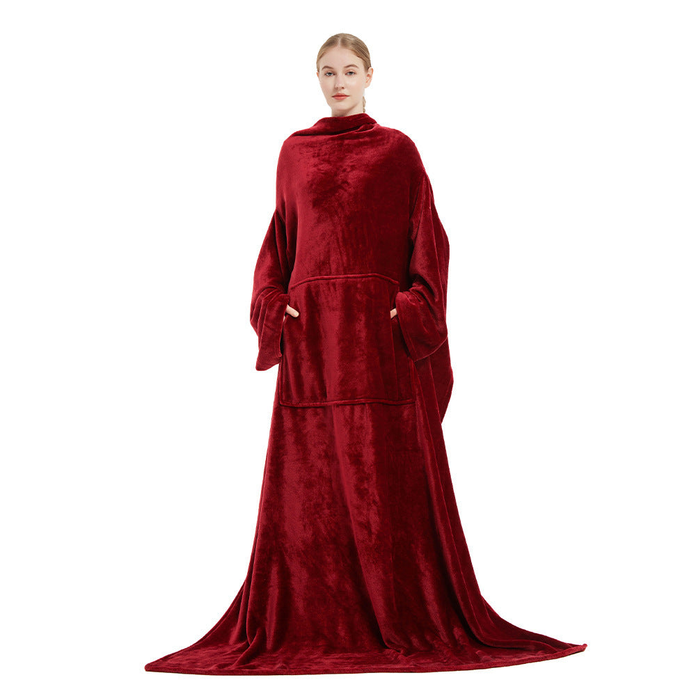 Soft portable fleece blanket wrap with front pocket loose fit for travel and home warmth