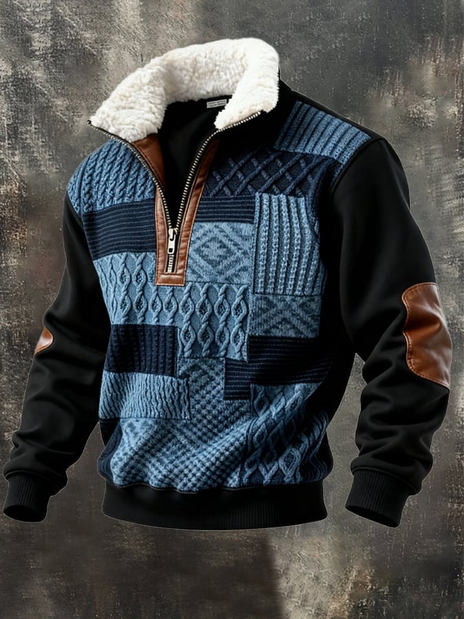 Men's patchwork zip-up sherpa sweater with quilted knit front, leather trim, and plush sherpa-lined collar