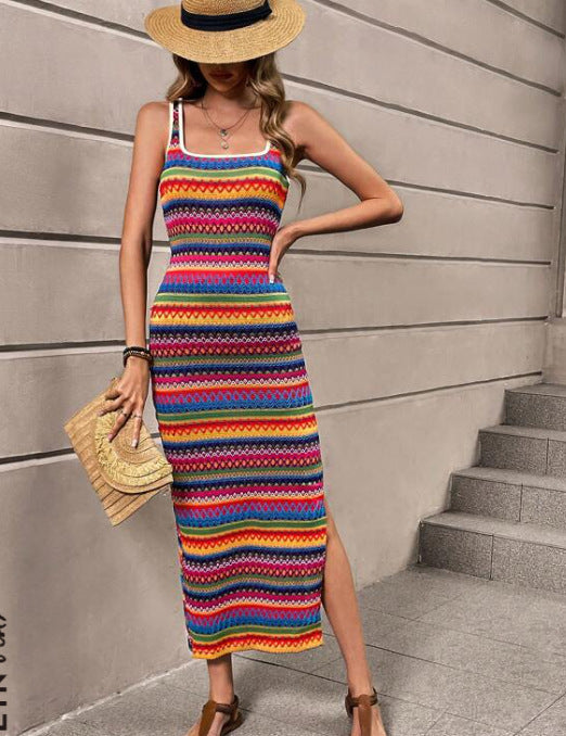 Women's sleeveless stripe dress square neckline slim flattering silhouette modern elegant fit