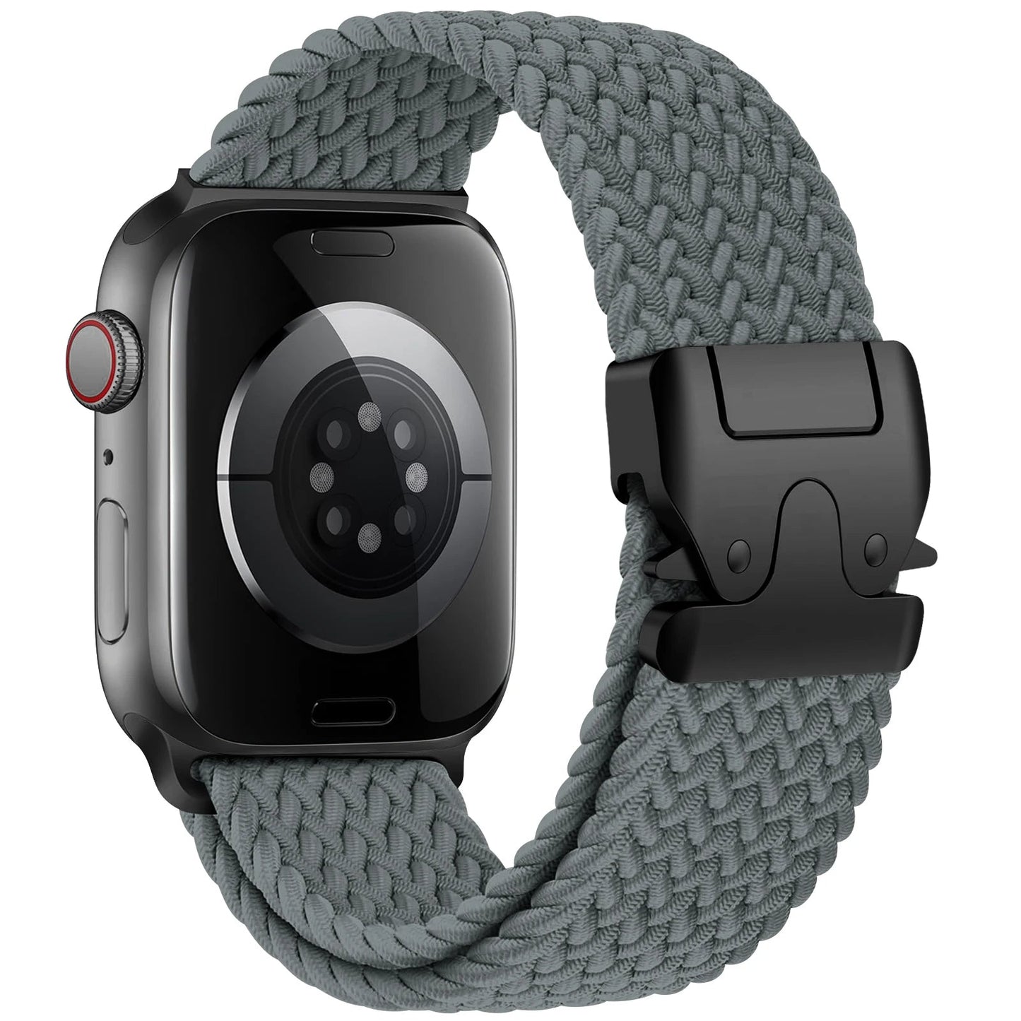 Strauss elastic nylon Apple Watch band in neutral tones with secure parachute buckle for active use