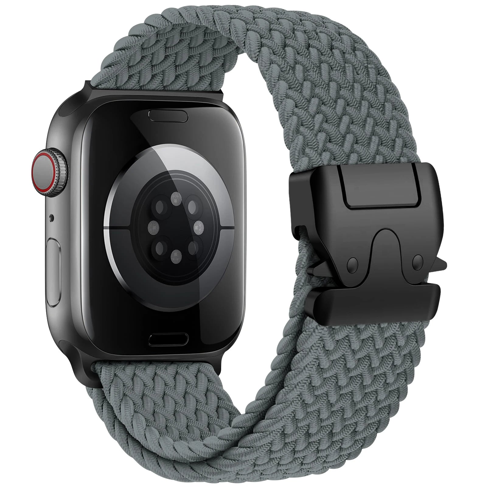 Strauss elastic nylon Apple Watch band in neutral tones with secure parachute buckle for active use