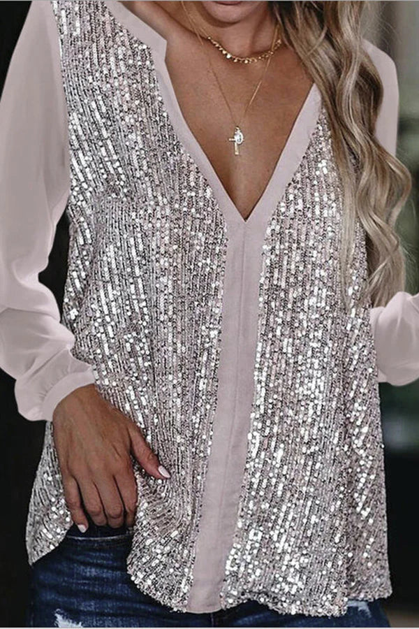 Women's silver sequined long sleeve blouse V-neckline allover glitter embellishment elegant evening top