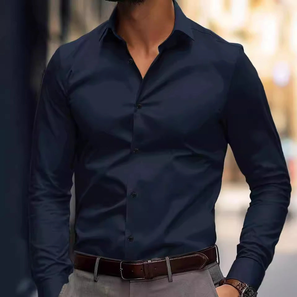 Men's white tailored long sleeve dress shirt classic collar sharp formal silhouette elegant fit