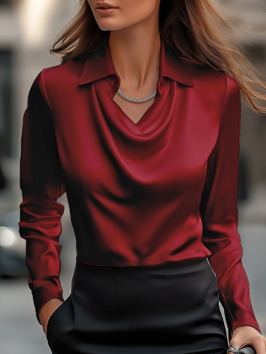 White draped blouse silky fluid neckline relaxed silhouette maternity-friendly work and events top