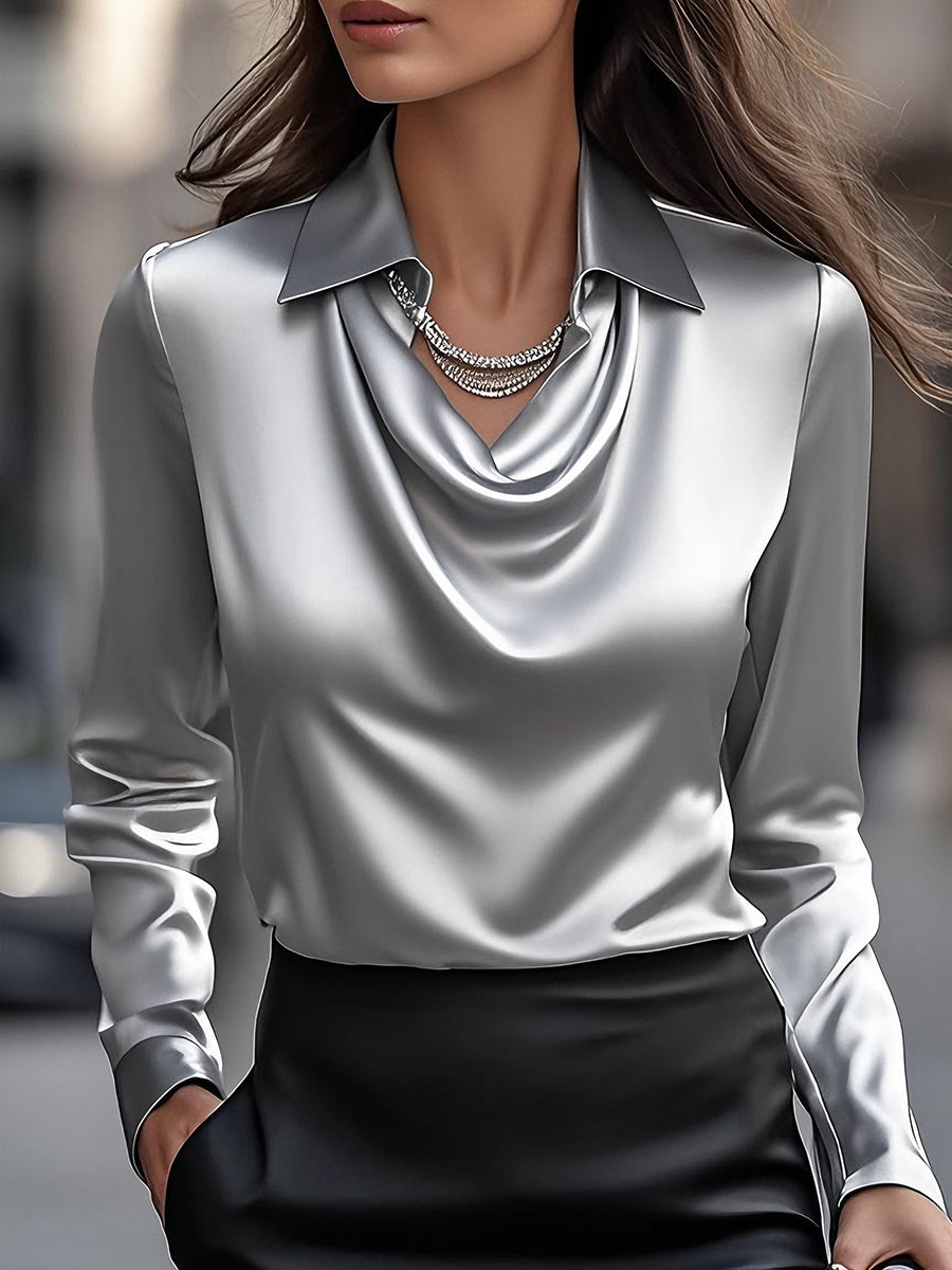 White draped blouse silky fluid neckline relaxed fit versatile for work events maternity-friendly