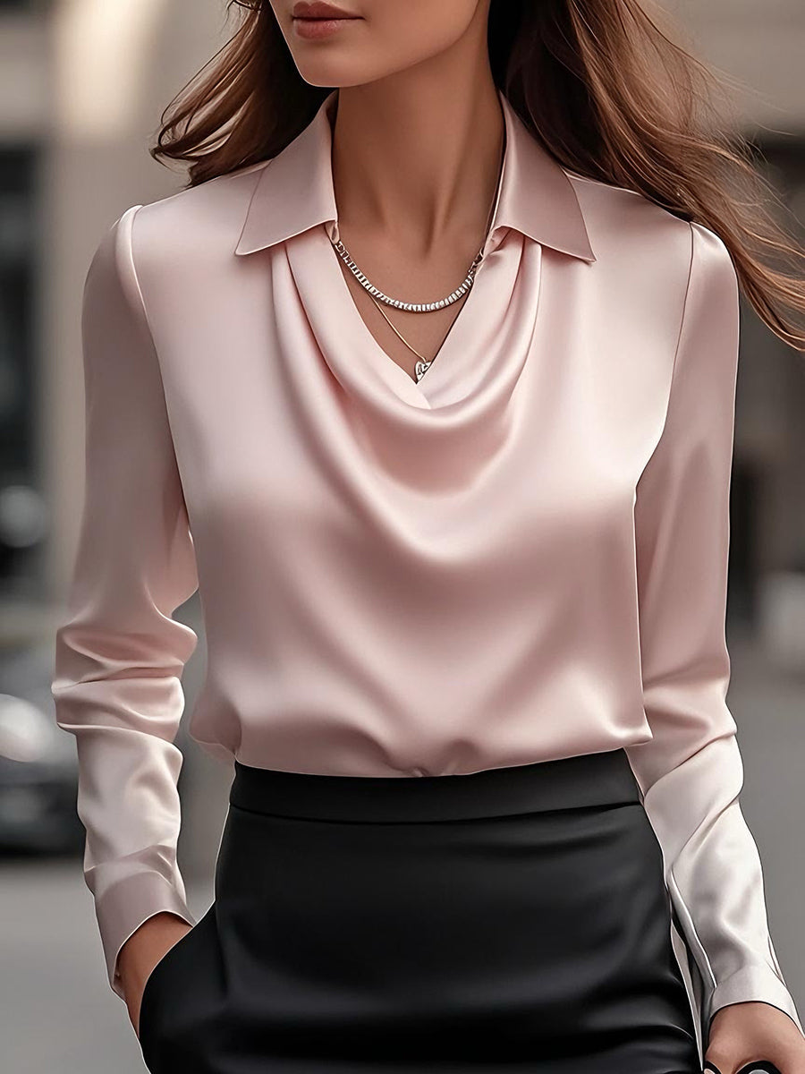 White draped blouse silky fluid neckline relaxed fit lustrous woven fabric for work and events