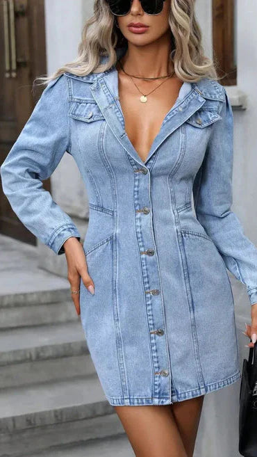 Camille light blue stretch denim button-down mini dress tailored bodycon sculpting fit