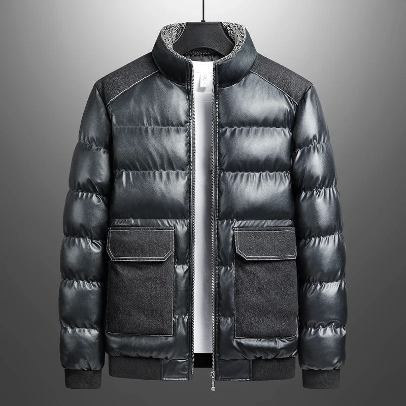 Unisex puffer jacket waterproof synthetic leather shell denim shoulder patches sherpa collar urban winter