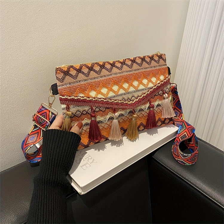 Boho crossbody bag with tribal jacquard geometric embroidery and layered tassel fringe adjustable strap