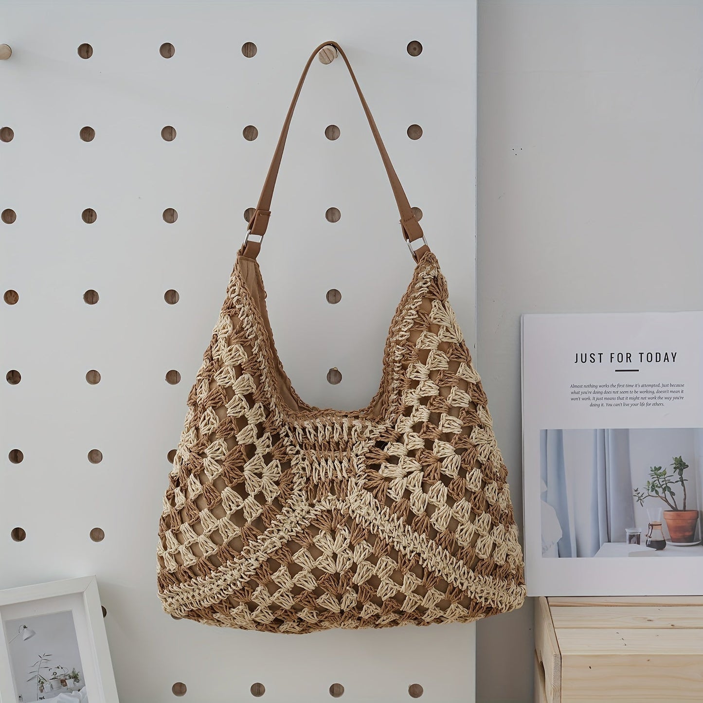 Handwoven crochet boho tote bag natural open-top carryall with fabric-lined interior for everyday use