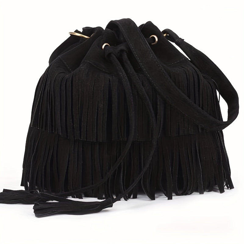 Tan faux suede fringe bucket bag boho chic drawstring closure adjustable crossbody strap