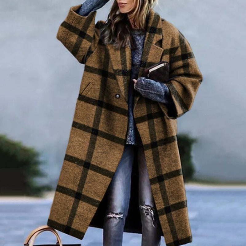 Women's long checkered coat loose fit single-breasted structured warmth with front pockets winter style