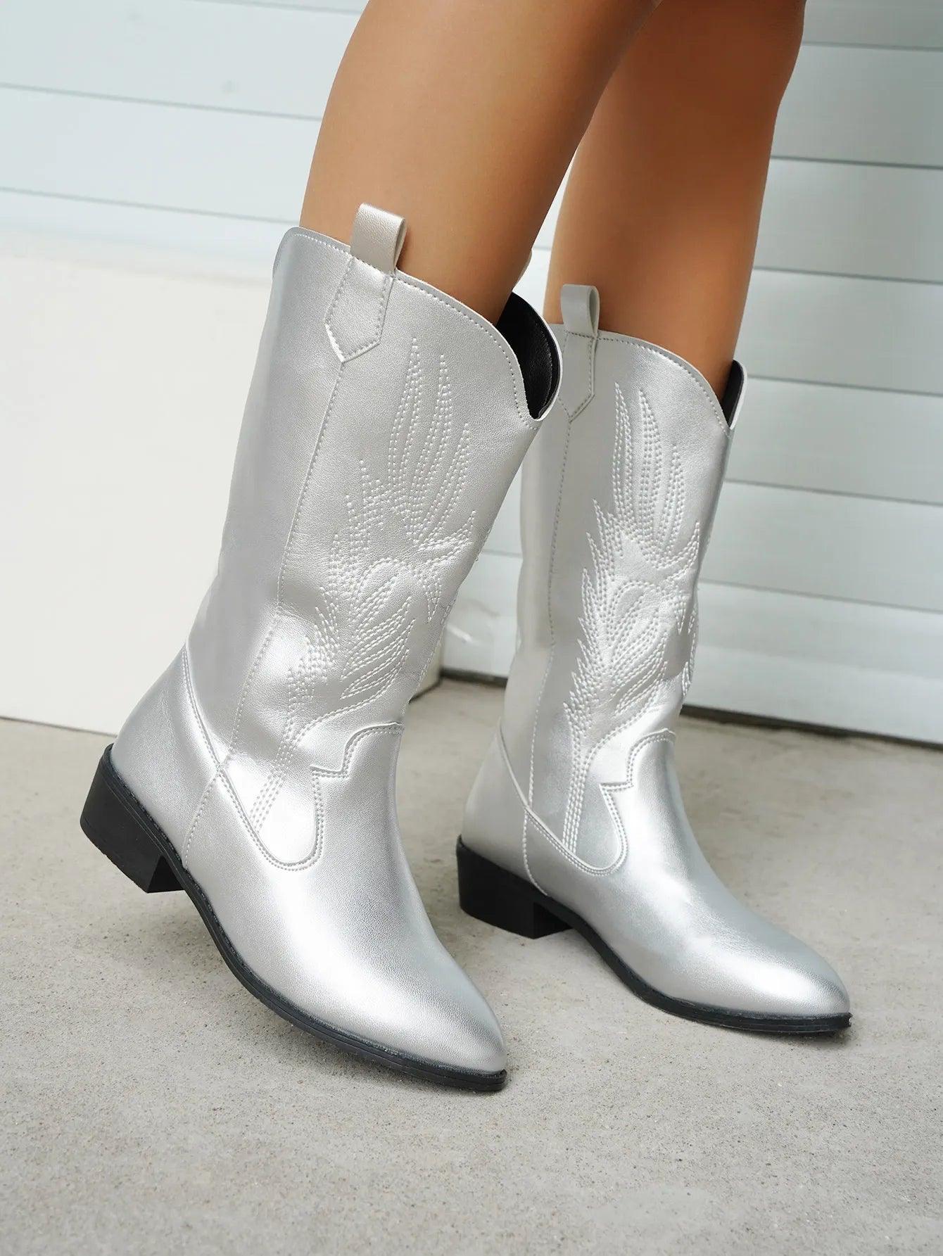 Women's violet pointed toe western boots with intricate embroidery, metallic sheen, casual country style