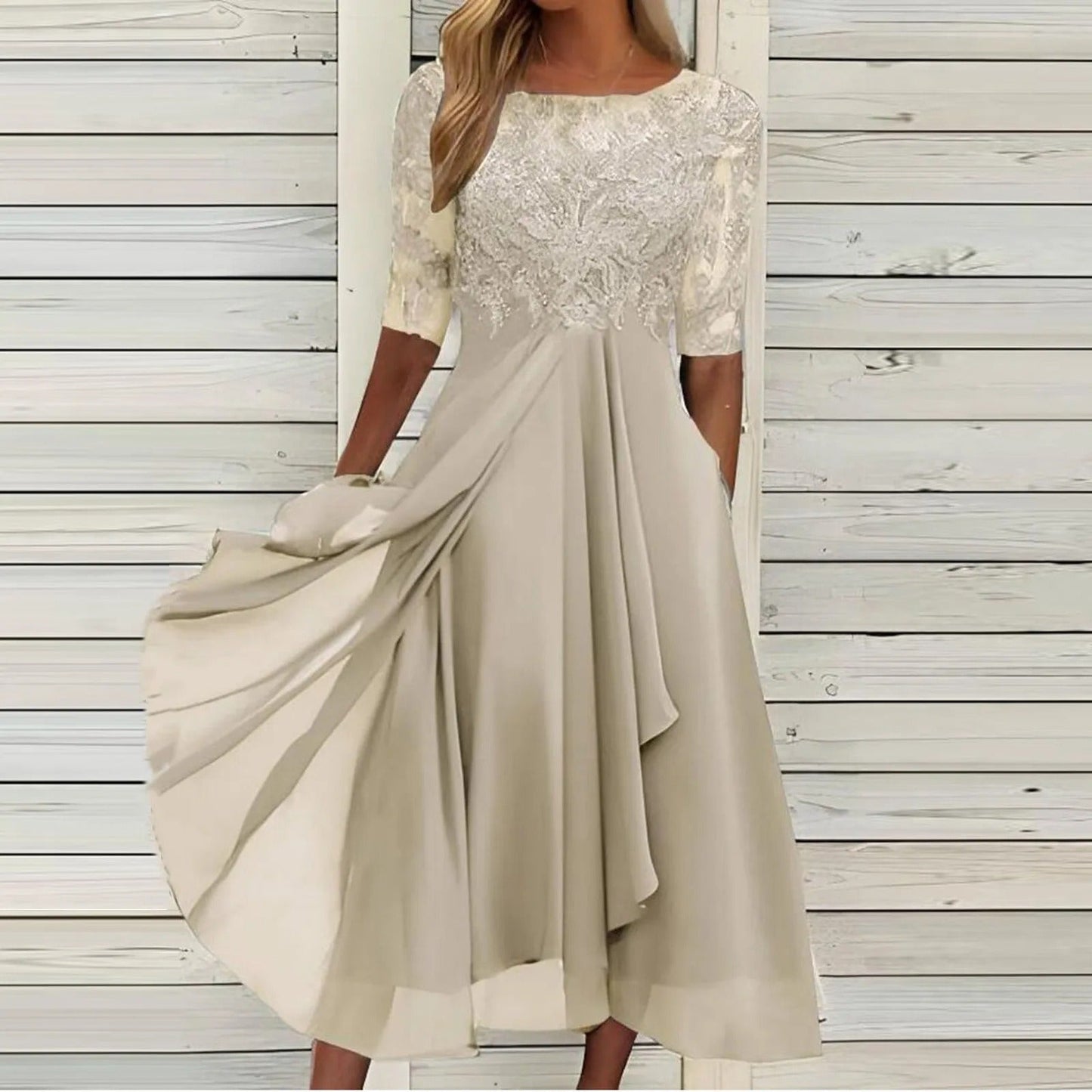 Ivory embroidered chiffon midi dress with lace bodice and sheer sleeves for elegant formal silhouette