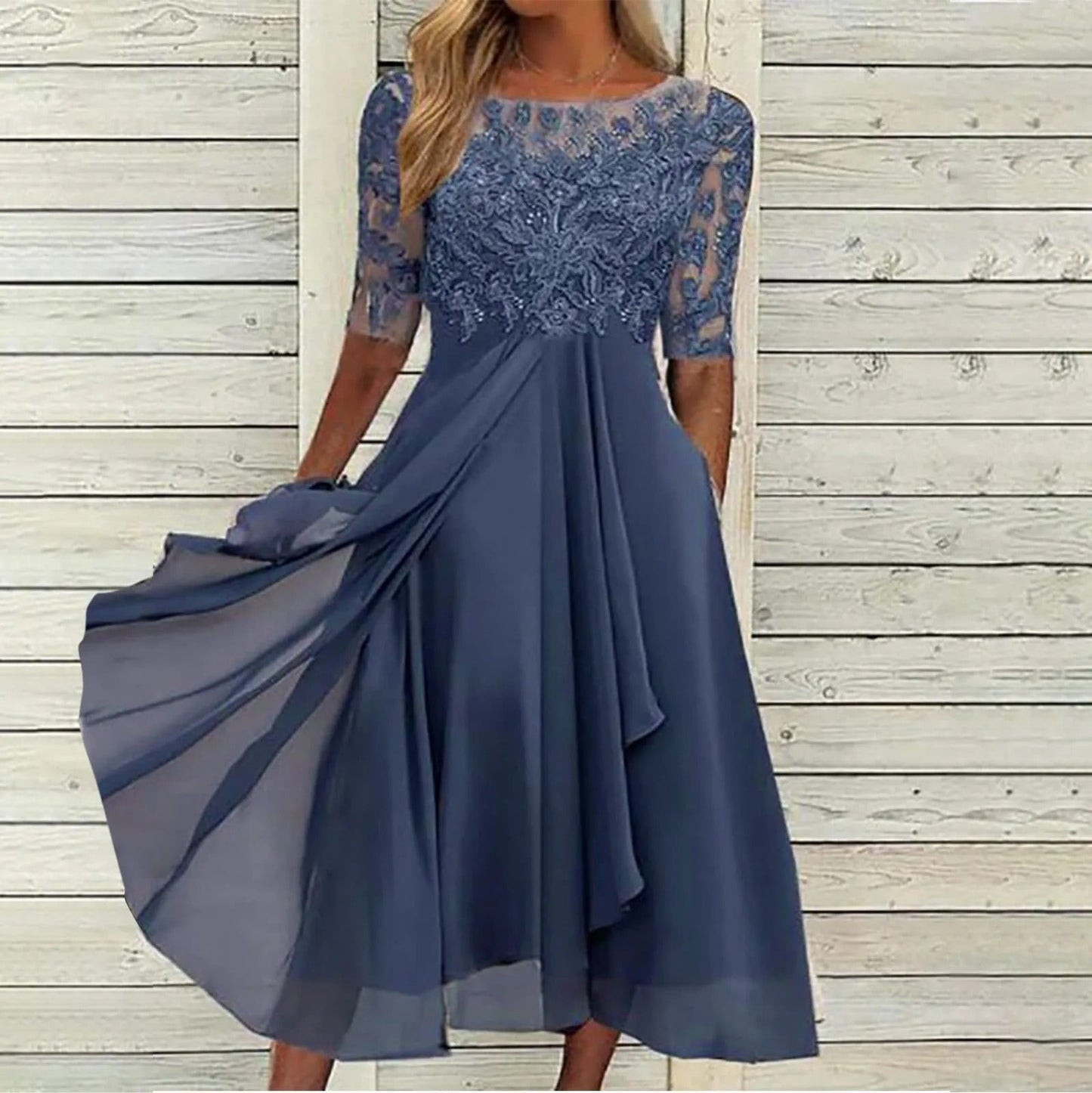 Women's embroidered chiffon midi dress with lace bodice, sheer sleeves, lightweight flowing silhouette