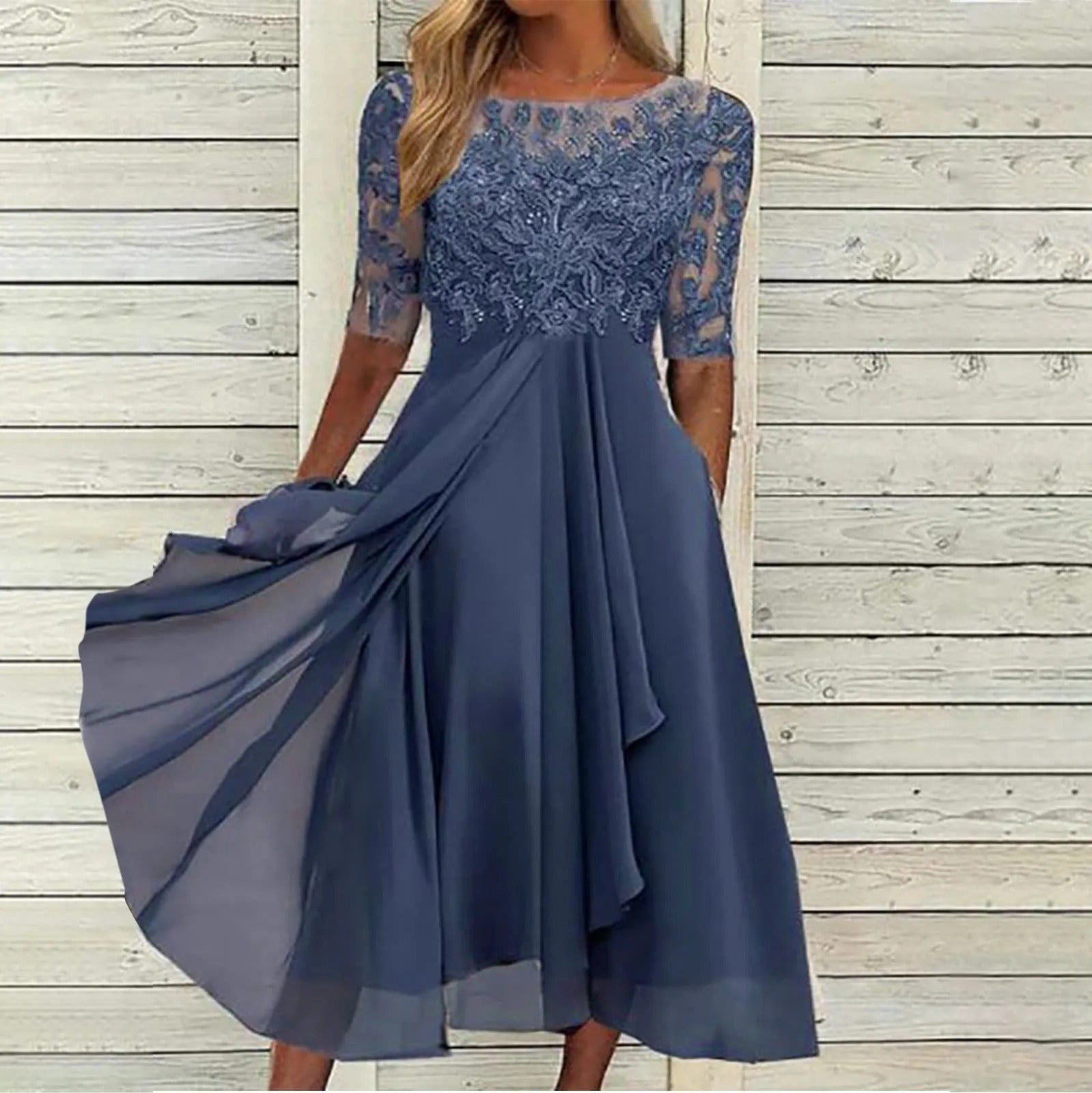 Women's embroidered chiffon midi dress with lace bodice, sheer sleeves, lightweight flowing silhouette