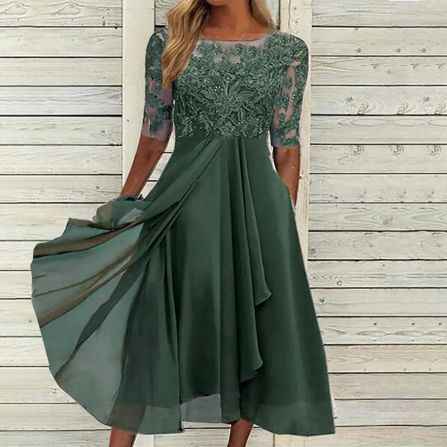 Women's ivory chiffon midi dress with lace bodice, sheer embroidered sleeves, and flowing elegant silhouette