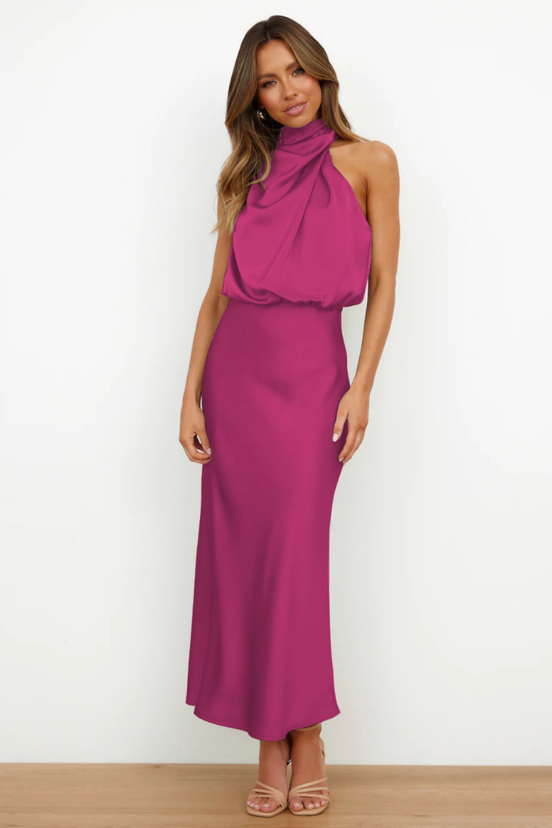 Elegant women's midi dress asymmetrical round neckline figure-hugging soft fabric evening occasion