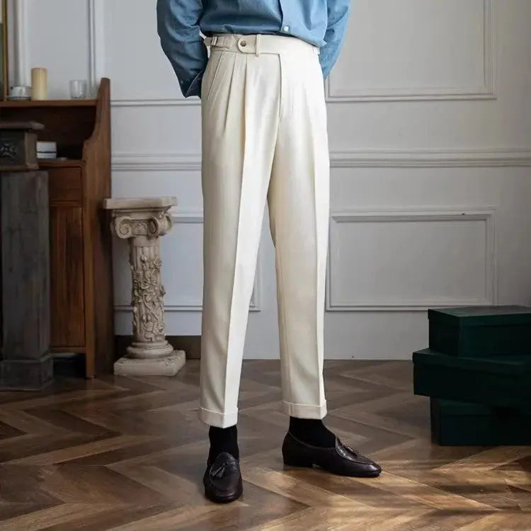 Men's high waist pleated wool blend trousers in classic neutral tones with belted waist Italian style