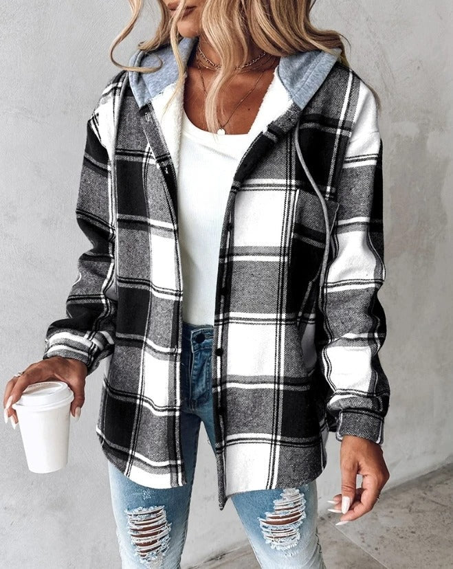 Women's checkered hoodie jacket in casual relaxed fit with timeless plaid pattern for everyday layering
