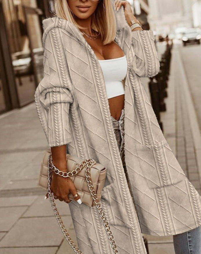 Women's long hooded vest flowing silhouette ultra-soft fabric cozy versatile outerwear