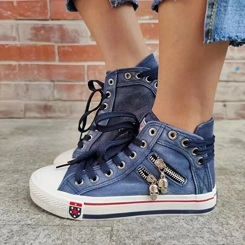 Dark wash urban slim-fit sneaker jeans with functional zipper accents for streetwear style