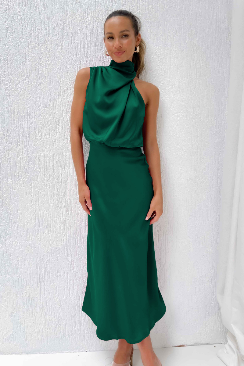 Elegant women's midi dress asymmetrical round neckline figure-hugging soft fabric evening occasion
