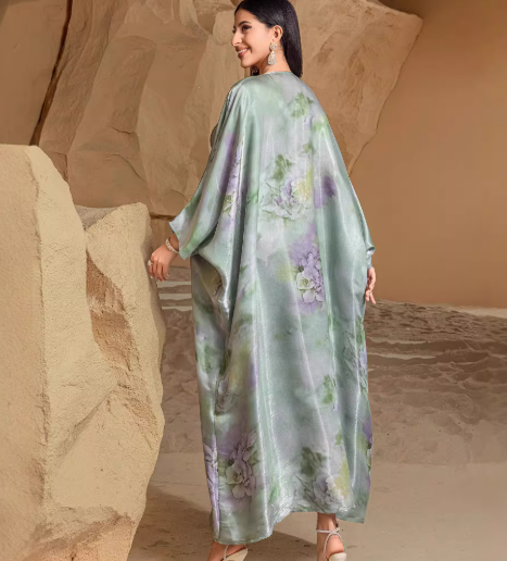 Green fruit print batwing sleeve vacation dress with breezy silhouette for all-day comfort