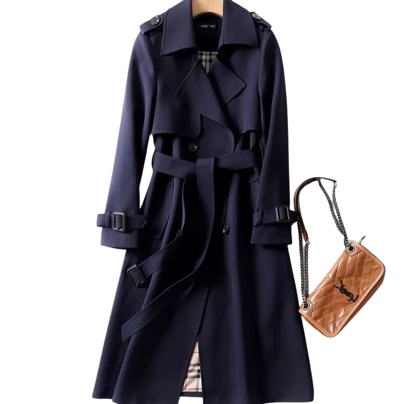Women's longline trench jacket structured tailored silhouette double-breasted belted everyday wear