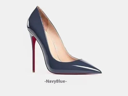 Black patent-leather stiletto heels 12cm soft sole, elegant elongated silhouette for women