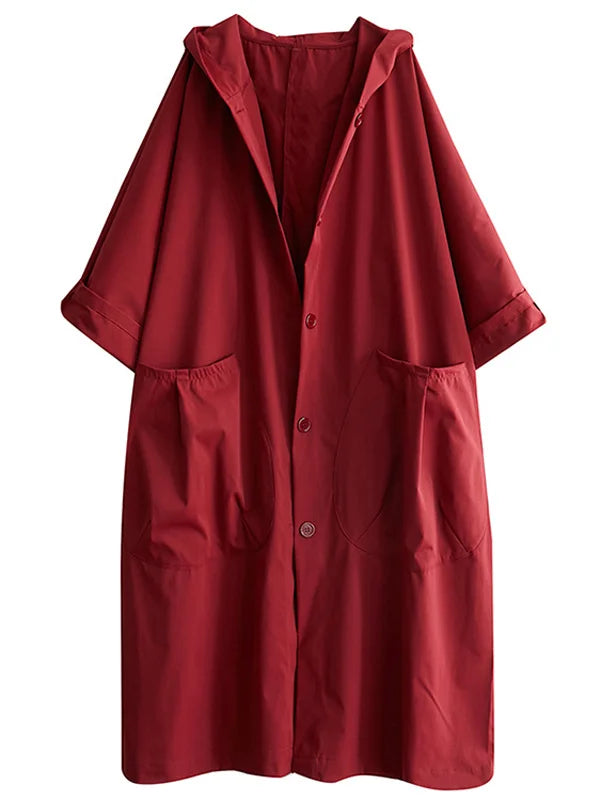 Lightweight long waterproof hooded trench coat, relaxed silhouette with oversized pockets for commuters