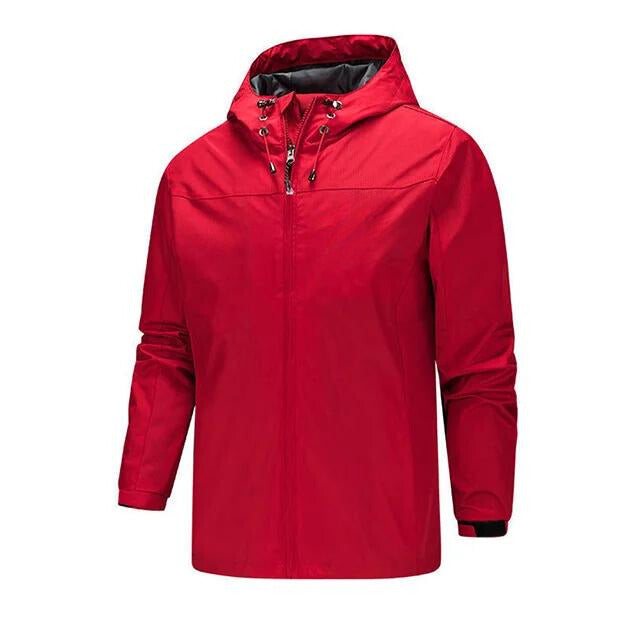 Men's black hooded rain jacket regular fit with sealed seams, water-resistant weatherproof outerwear