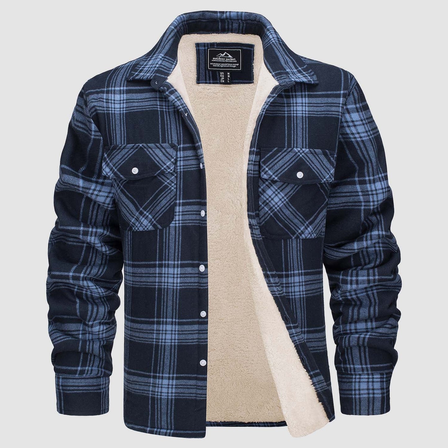 Men's flannel shirt jacket fleece-lined windproof cotton with two side pockets warm layer
