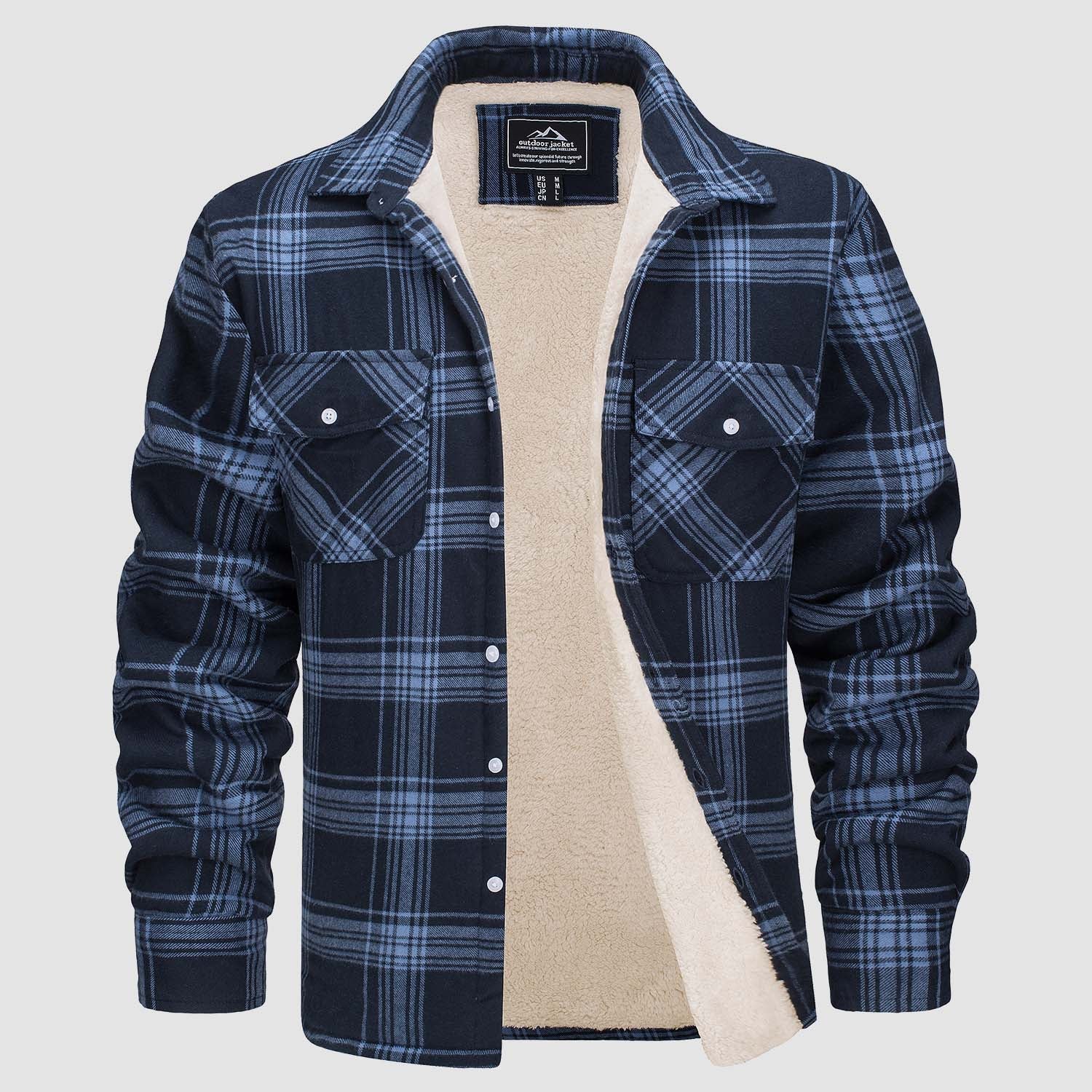 Men's flannel shirt jacket fleece-lined windproof cotton with two side pockets warm layer