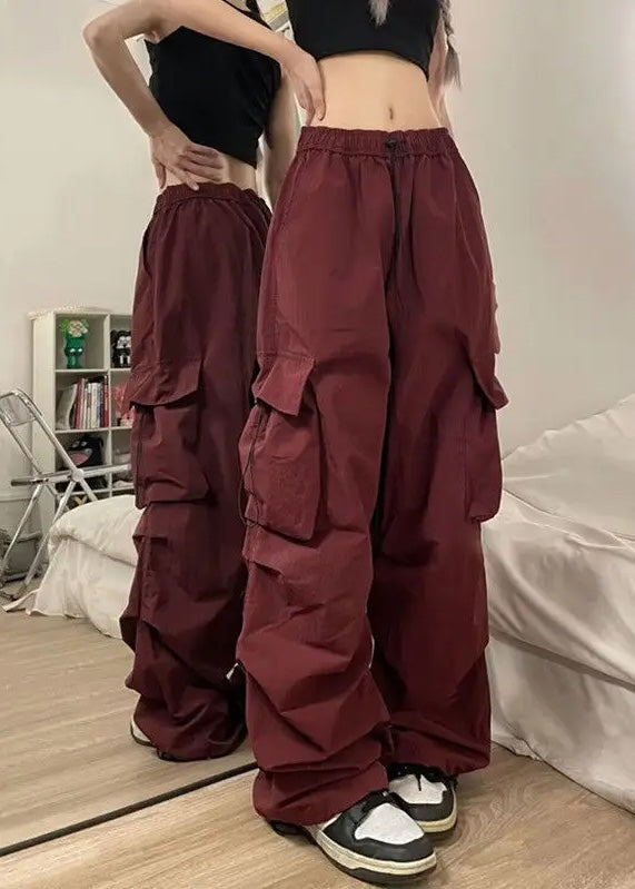 Black oversized wide-leg cargo pants cotton blend multi-pocket adjustable waist urban style