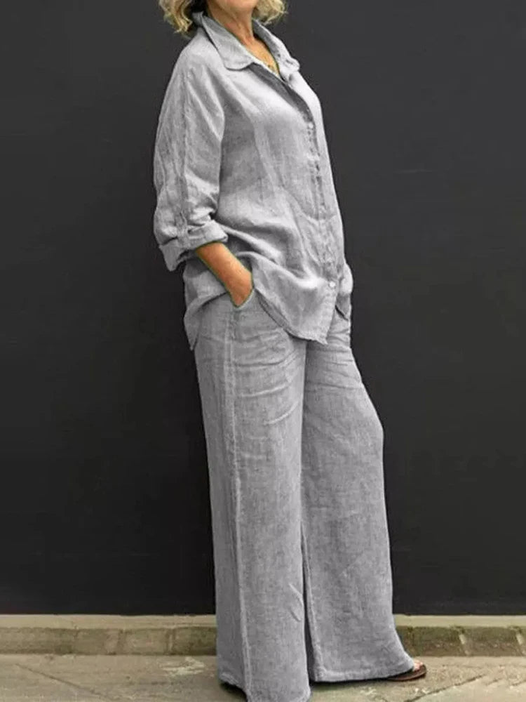 Petra | Women's 2 Piece Set Long Sleeve Shirt Wide Leg Pants