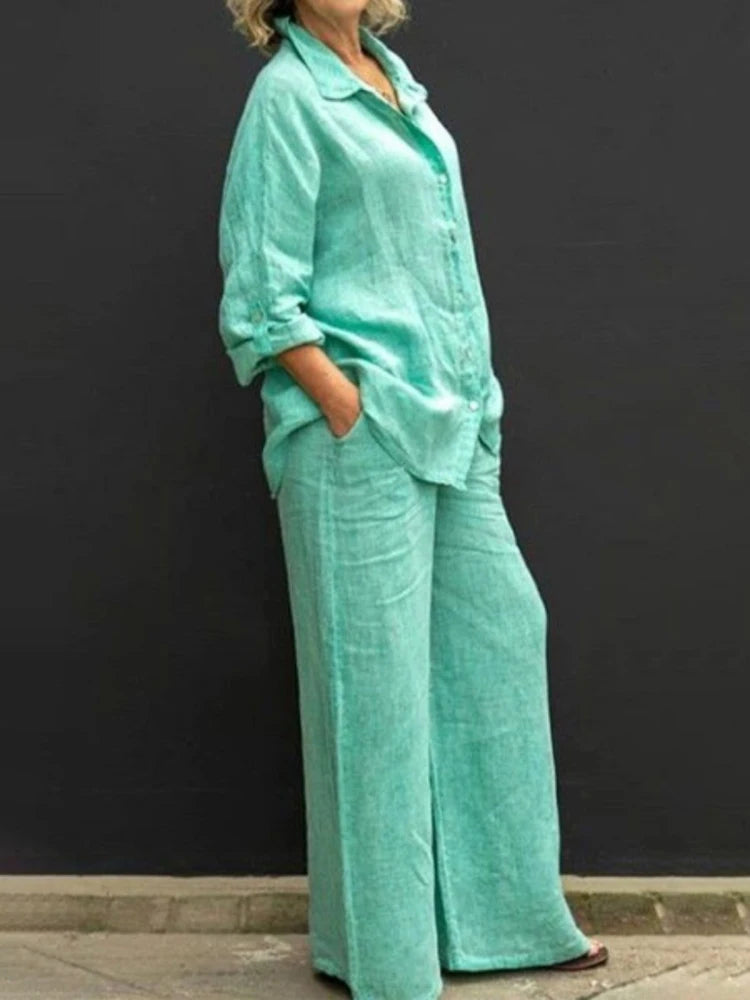 Petra | Women's 2 Piece Set Long Sleeve Shirt Wide Leg Pants
