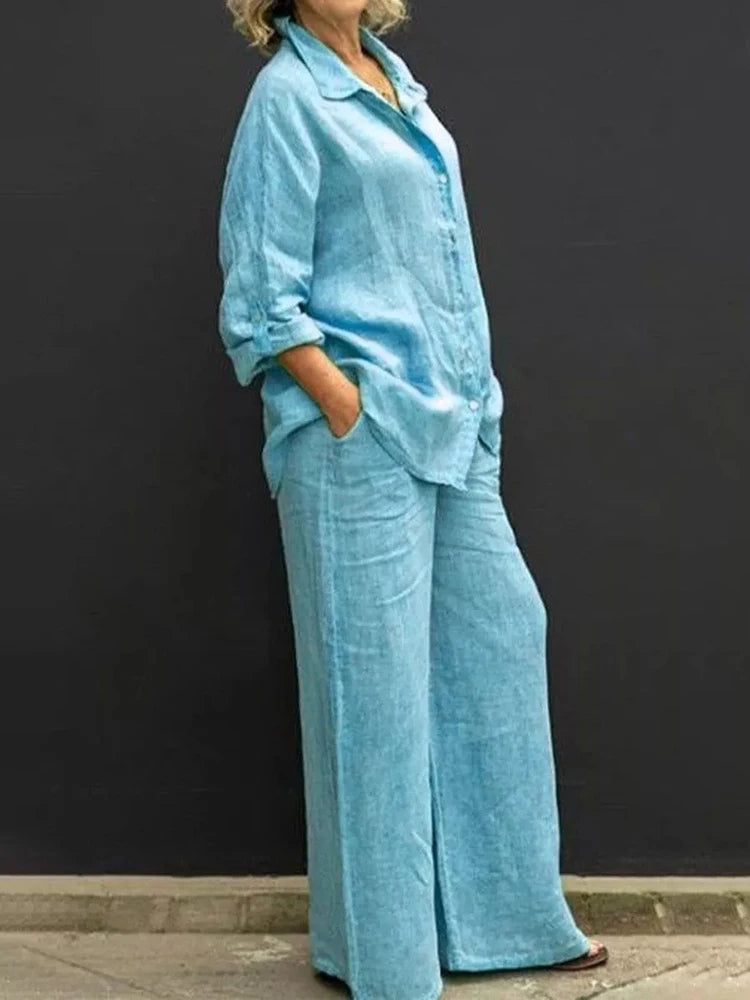 Petra | Women's 2 Piece Set Long Sleeve Shirt Wide Leg Pants