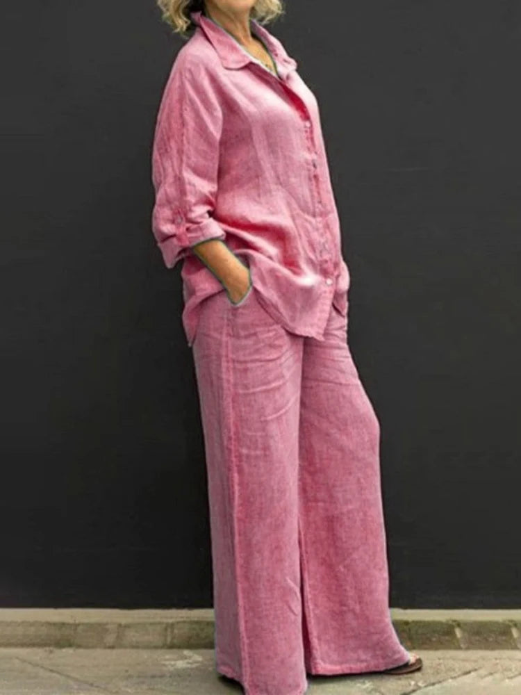 Petra | Women's 2 Piece Set Long Sleeve Shirt Wide Leg Pants