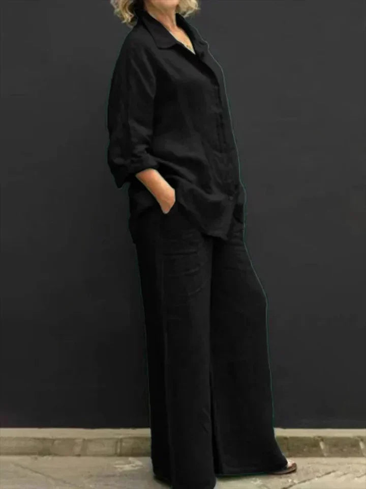 Relaxed linen button-down outfit in neutral tones with breathable fabric and classic button placket