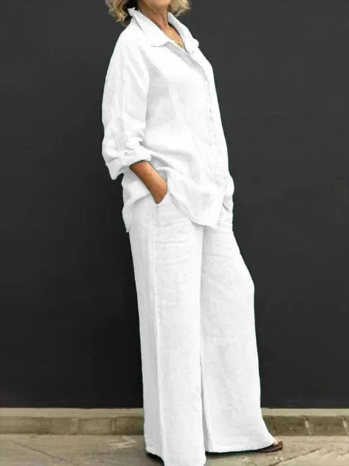 Relaxed beige linen button-down outfit with classic placket, breathable summer casual travel style
