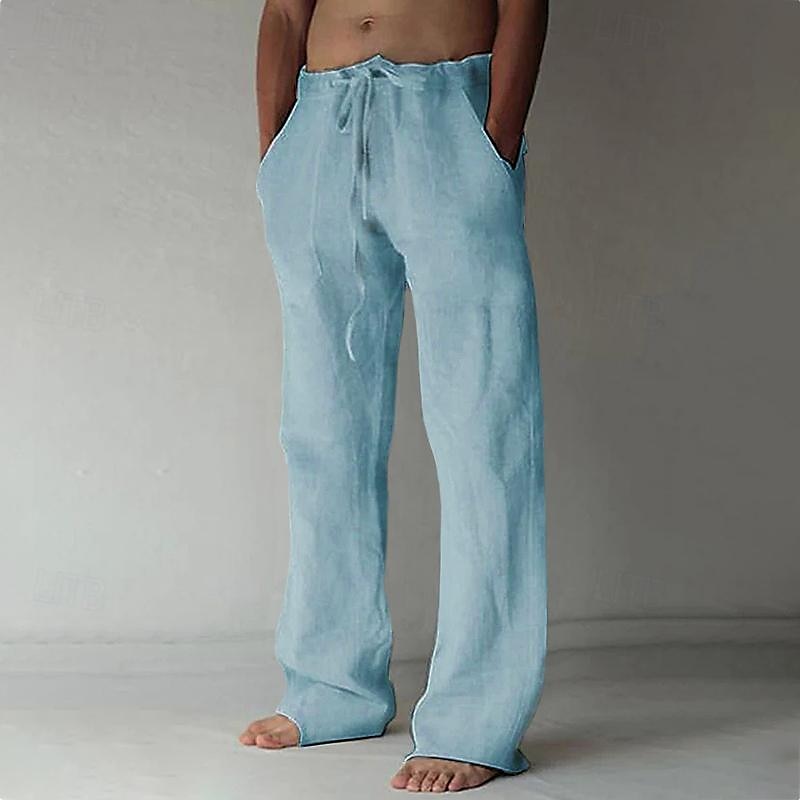 Men's beige linen-cotton blend relaxed fit pants lightweight breathable casual summer trousers