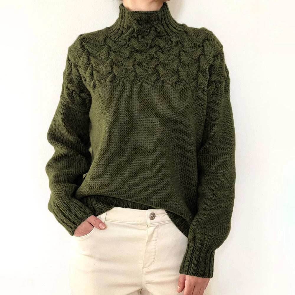 Women's cream cable knit turtleneck sweater with raised chest pattern, cozy high-neck silhouette