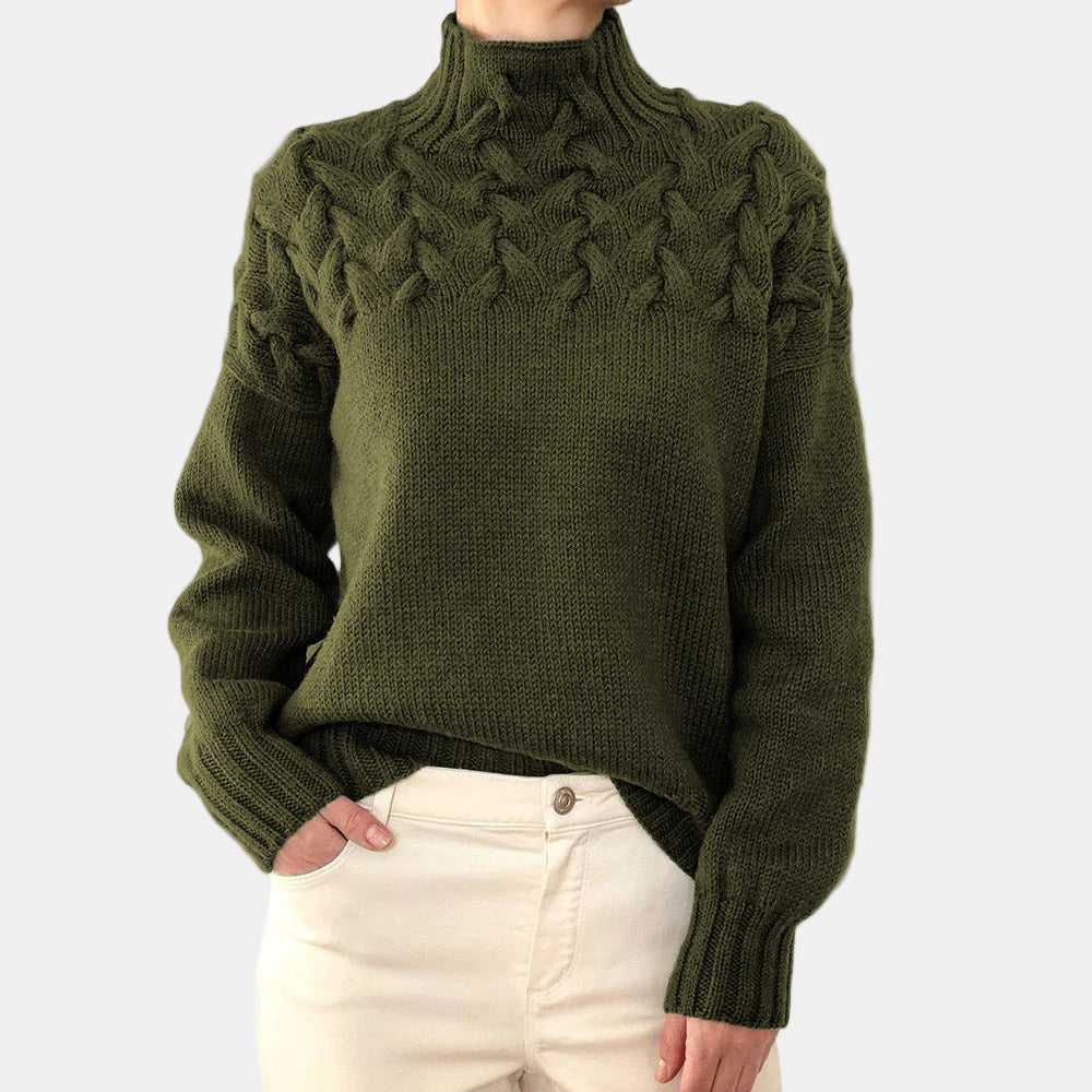 Women's cream cable knit turtleneck sweater relaxed fit with raised texture detailing