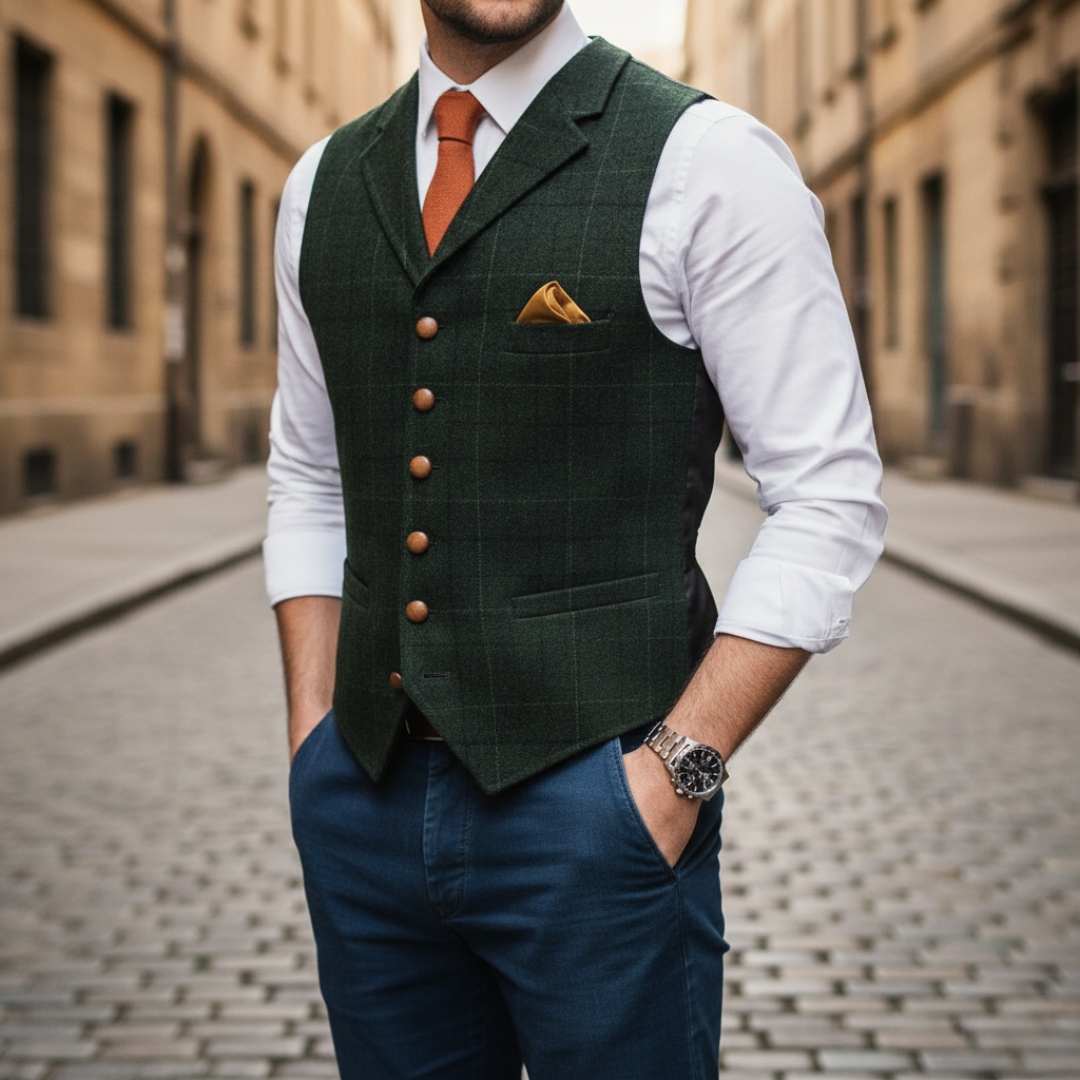 Men's checkered vest tailored fit single-breasted formal style with adjustable back buckle