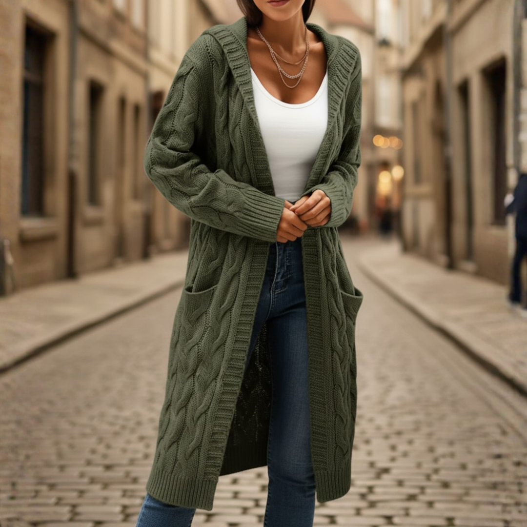 Women's long knit cardigan with pockets in light gray, cozy braided texture, relaxed everyday fit