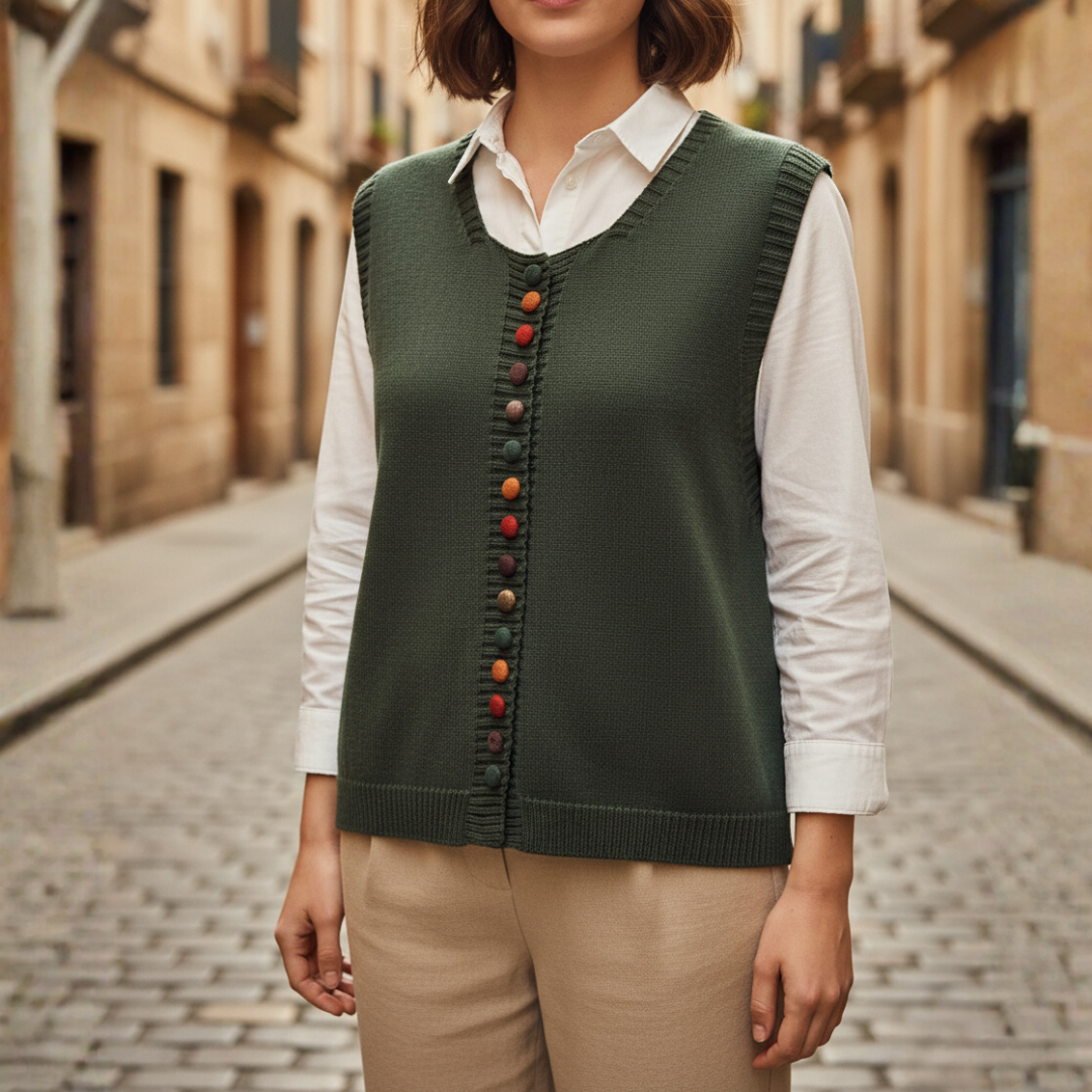 Women's wool acrylic knit vest V-neck layering piece with colorful side button closure