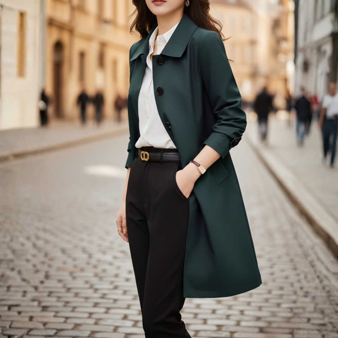 Women's short lightweight polyester trench coat classic silhouette with smooth finish for professional wear