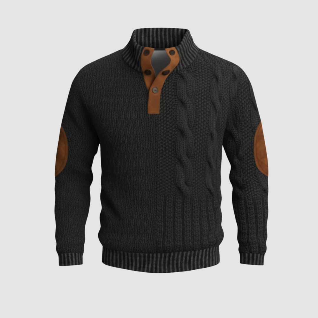 Men's cable knit high collar sweater with suede leather accents, regular fit versatile style